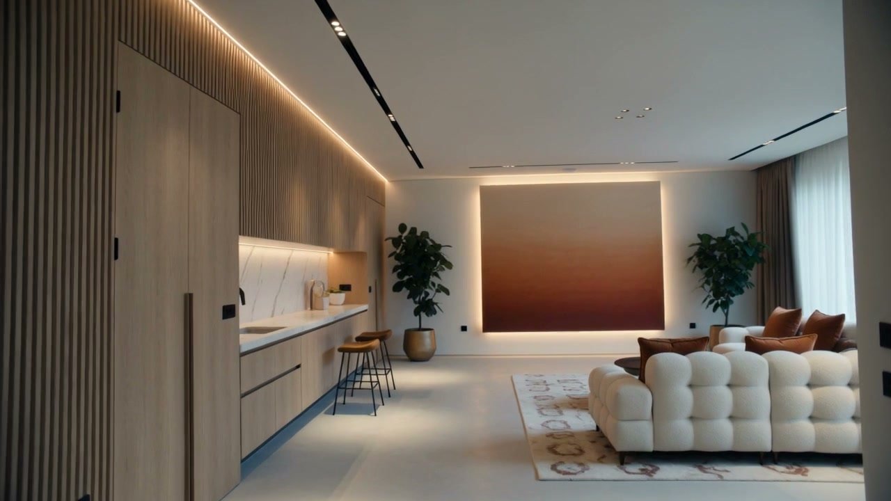 Interior do apartamento reabilitado, com ripado de carvalho e luz quente.