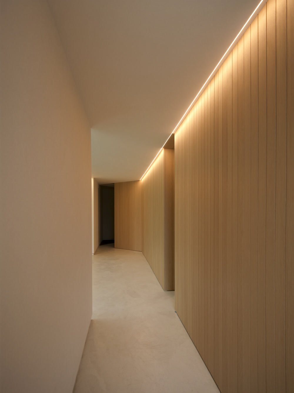 Corredor com ripado de carvalho e luz linear a percorrer o teto.